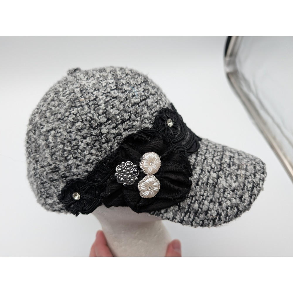 Scala Pronto R&D Dunwell Grey Boucle Lace Floral Rhinestone Baseball Cap Hat